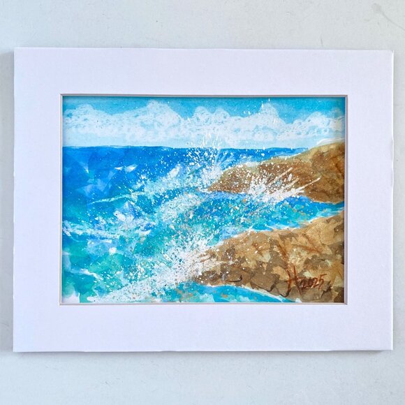 Beach Splash Original Seascape Watercolor Painting Matted Frame Ready 8x10in Mat - Picture 3 of 5
